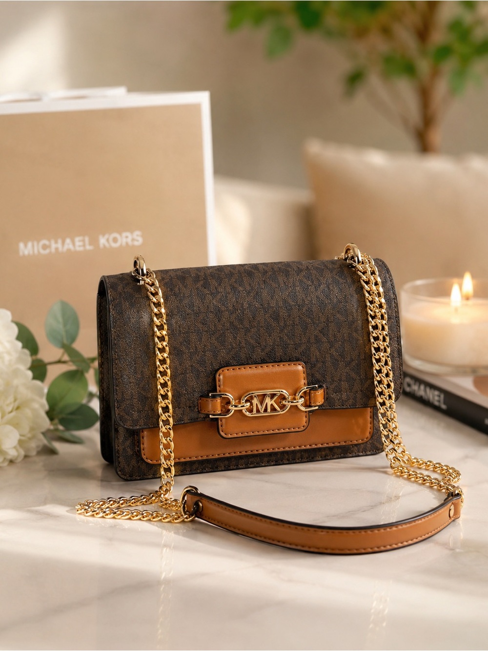 Michael Kors Brown Monogram Crossbody with Tan Trim and Gold Chain